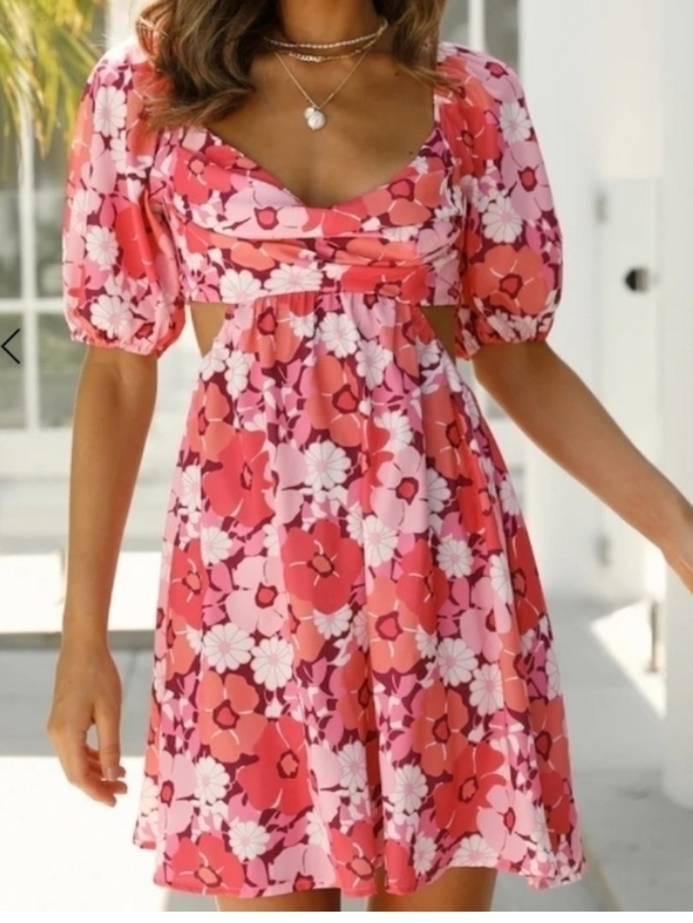 Hello Molly On the Beat Pink Red Floral Cutout Puff Sleeve Mini Dress Sz 6/M